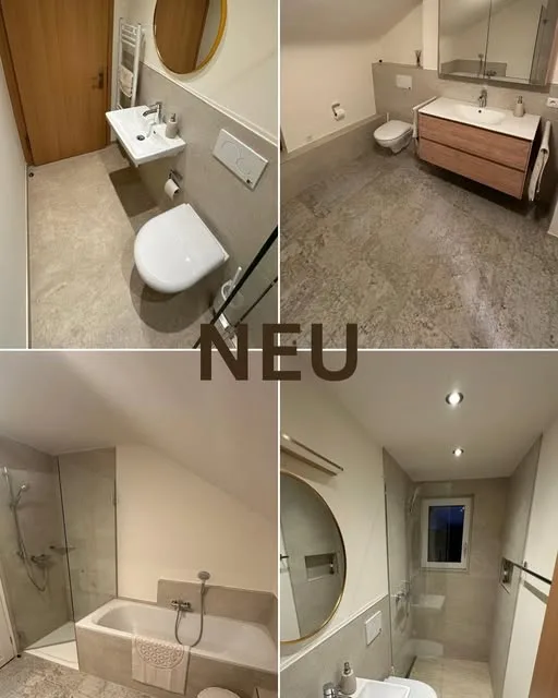 Vier Aufnahmen fertiger Bäder und WC-Räume nebeneinander: Waschtisch mit rundem Spiegel, Wand-WC, Badewanne mit Dusche daneben, zweiter Waschtisch mit Spiegel