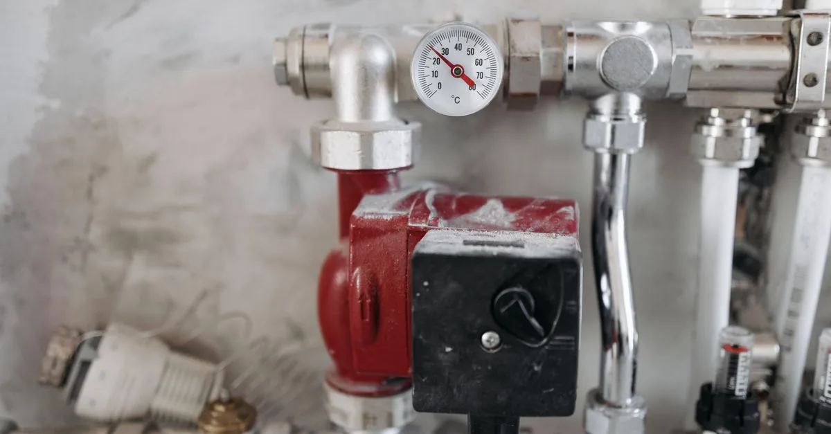 Umwälzpumpe mit Thermometer an einer Heizungsinstallation aus verchromten Rohren, Symbolbild